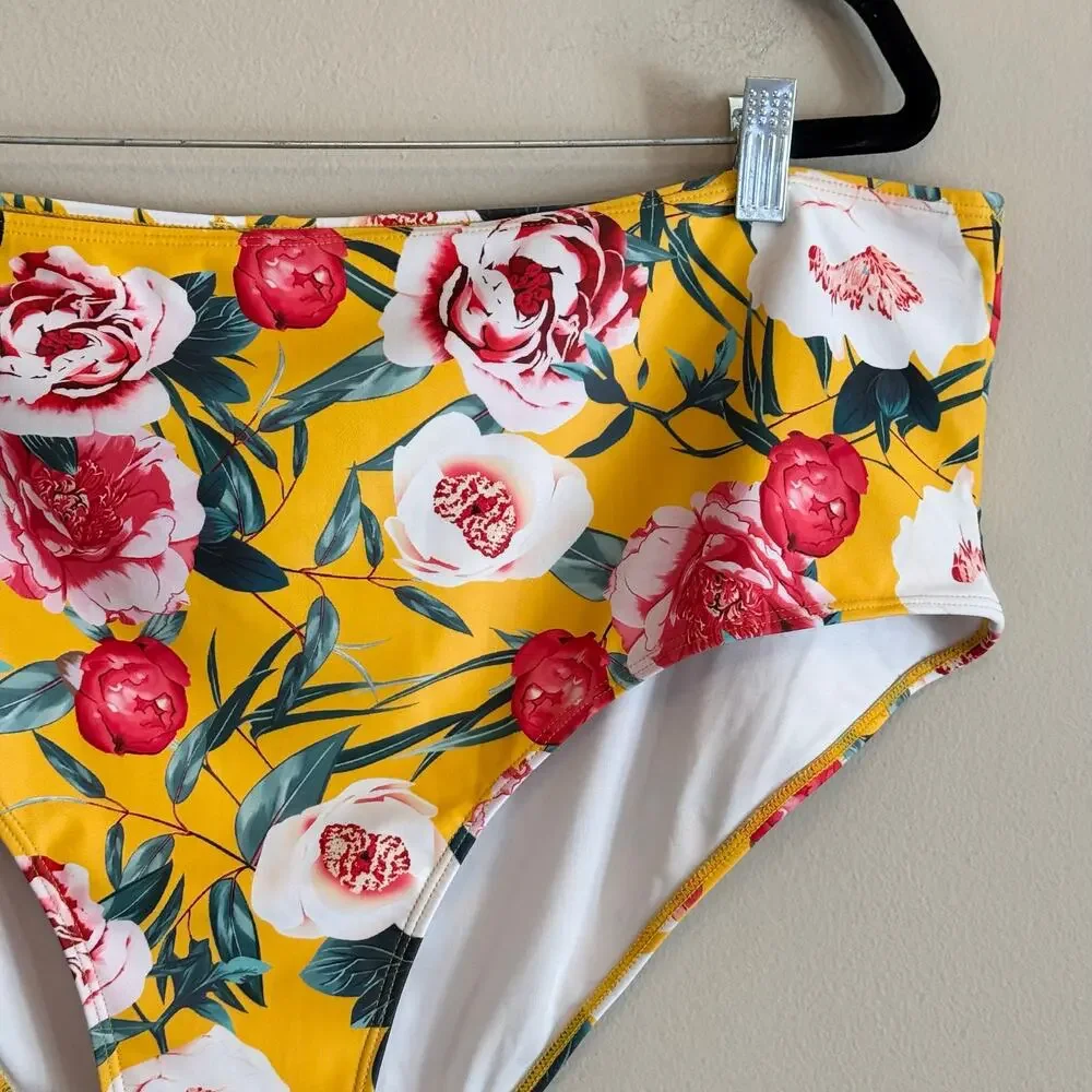 Womens‎ Yellow Floral Print Ruffle High Waist Bikini Set Swimwear 3XL